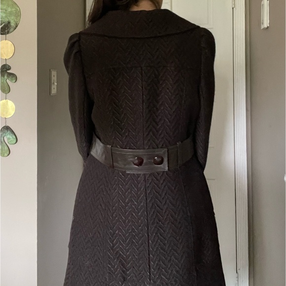 Mackage Coat Cocoa Brown and Black Leather Belt Funnel Collar Size Large - Picture 11 of 11